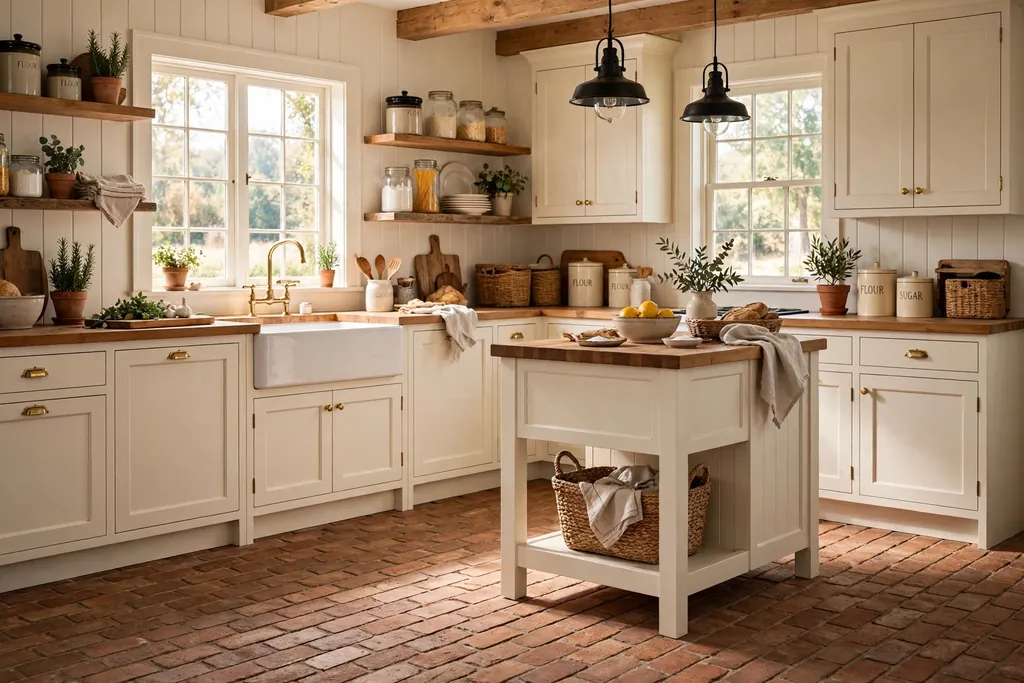 Farmhouse kitchen with a warm brick paver floor and cream cabinets.