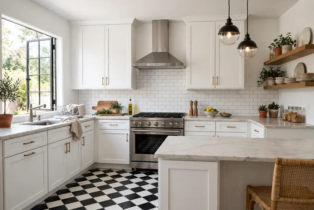 Kitchen with a black and white checkerboard tile floor and white cabinets.