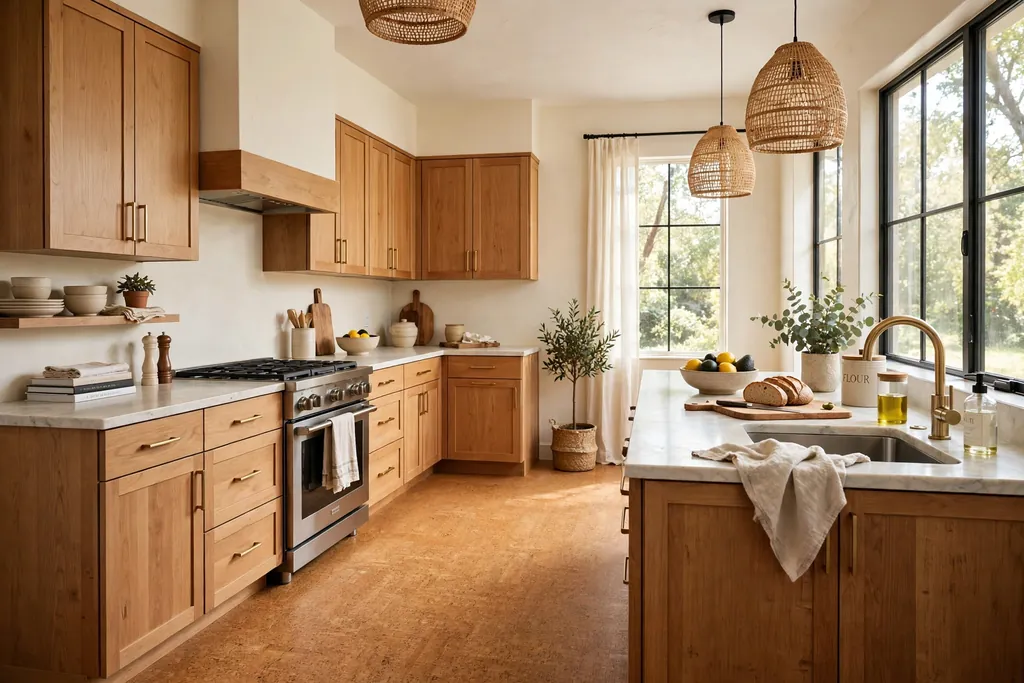 Kitchen with a warm honey toned cork floor and wood cabinets.