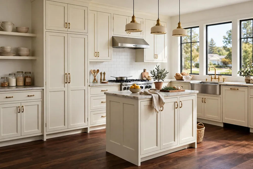Kitchen with a dark walnut wood floor, cream cabinets, and brass hardware.