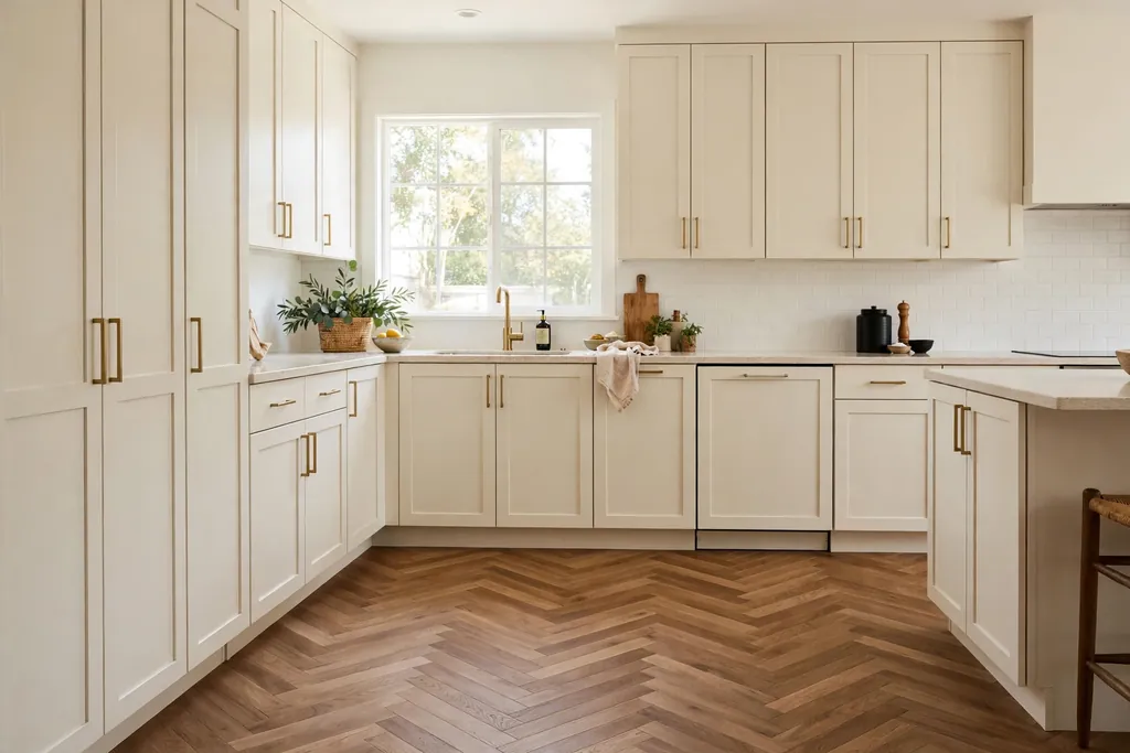 Kitchen floor laid in a herringbone wood pattern with plain cream cabinets.