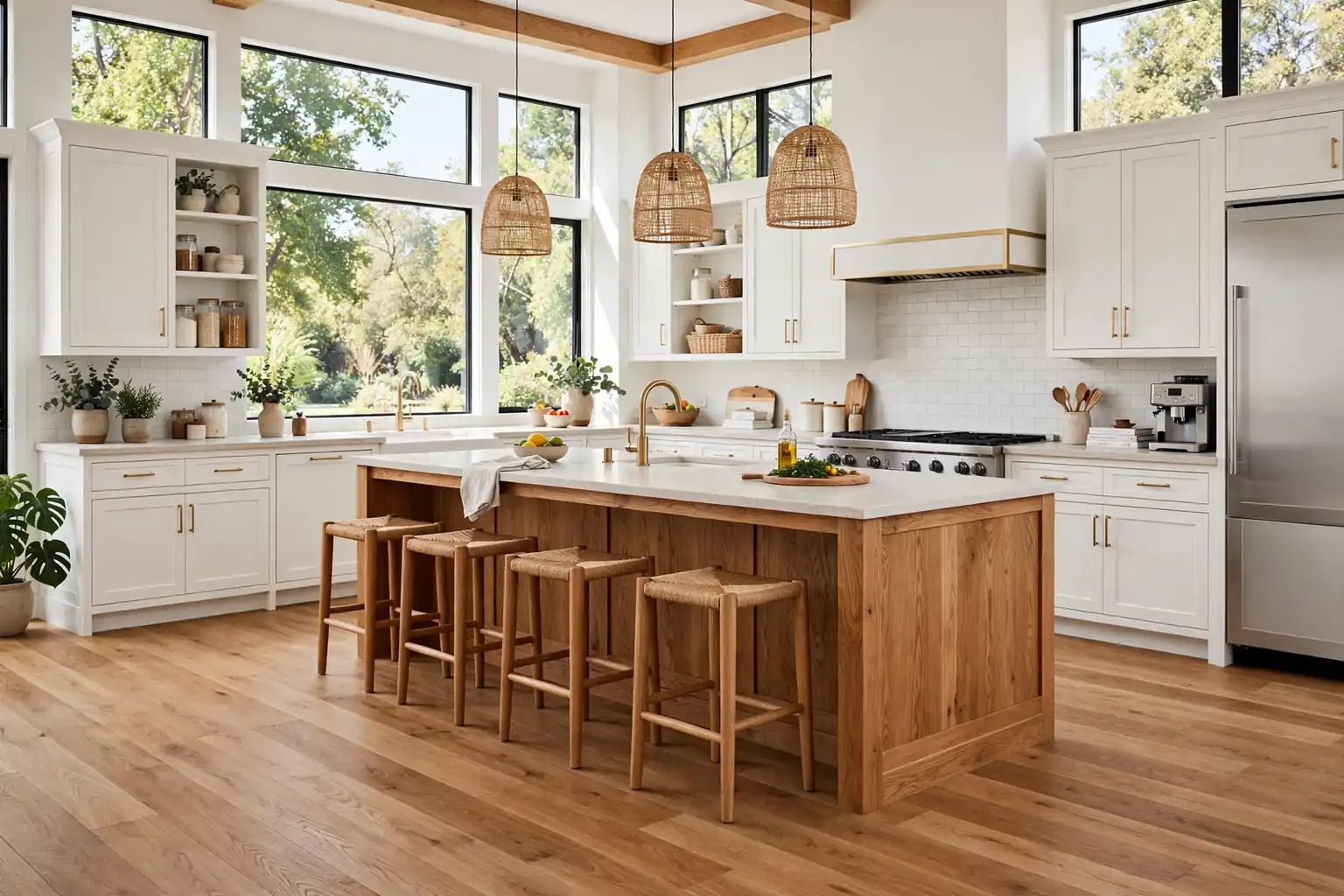 Wide kitchen with a warm oak plank floor, white cabinets, and a wood island in daylight.