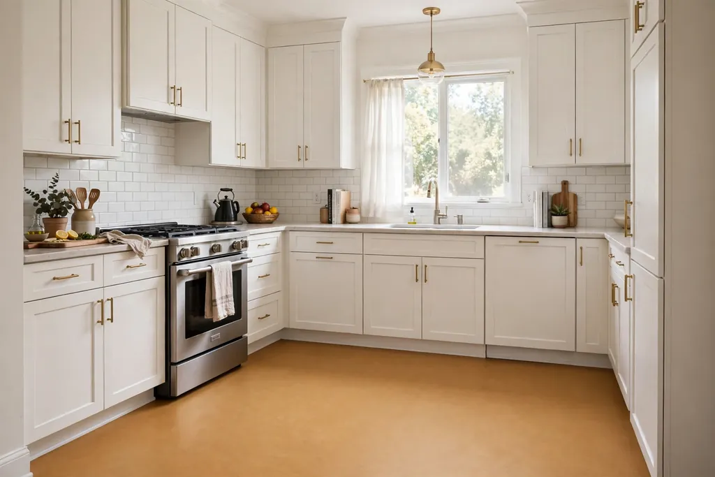 Kitchen with a plain warm honey toned sheet linoleum floor and white cabinets.