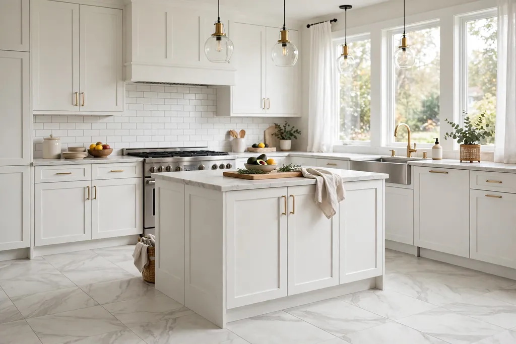 Kitchen with pale marble-look porcelain floor tiles and white cabinets.