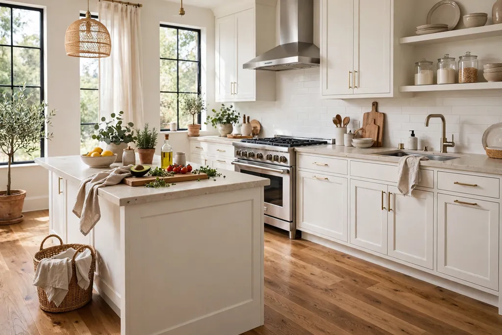 Kitchen with warm oak plank wood flooring, white cabinets, and a pale stone counter.