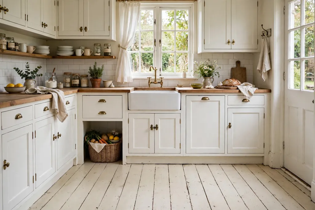 Cottage kitchen with painted cream floorboards and white cabinets.