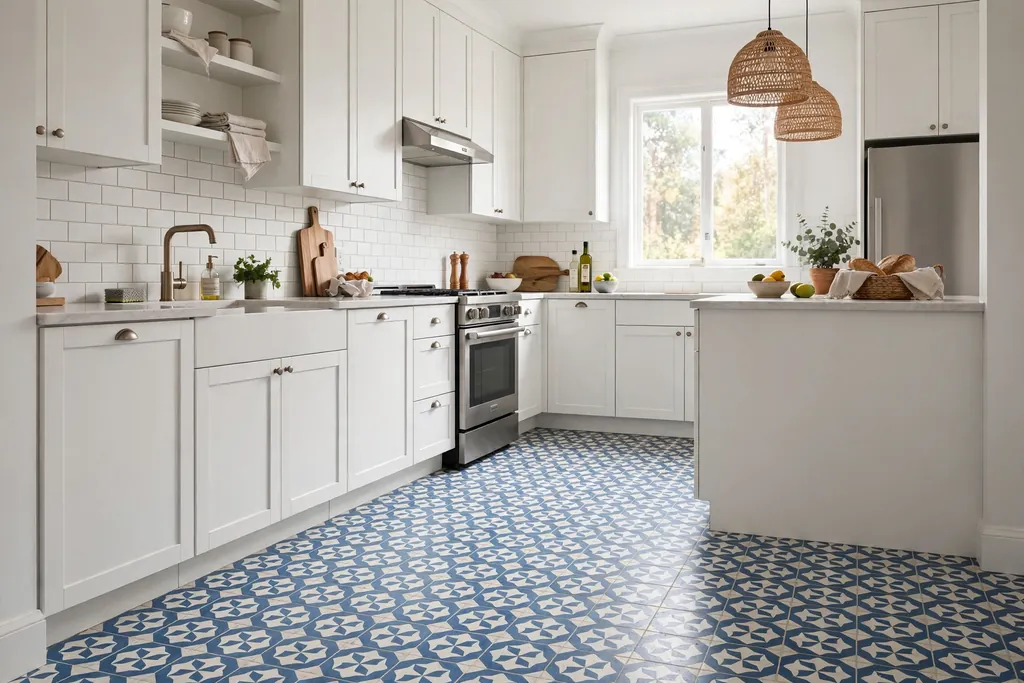 Kitchen with a patterned cement tile floor and plain white cabinets.
