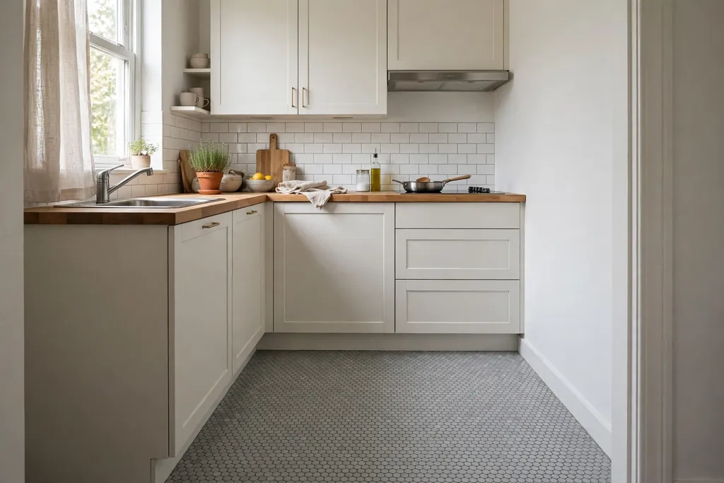 Small kitchen with a penny round mosaic tile floor and plain cabinets.