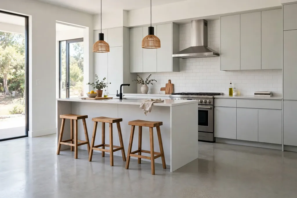 Modern kitchen with a smooth polished concrete floor and plain cabinets.