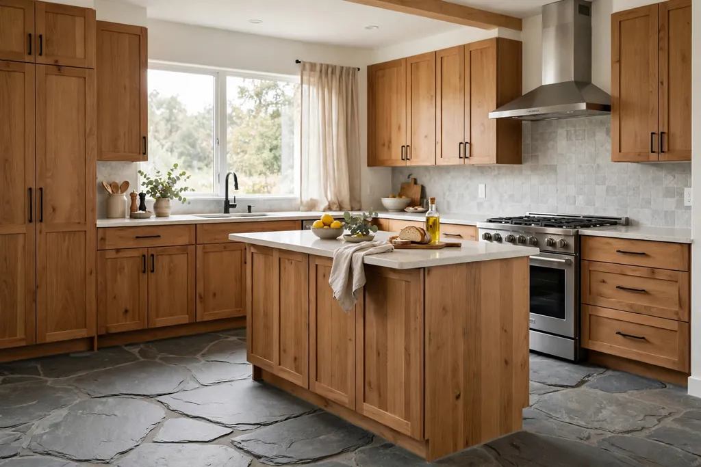 Kitchen with a natural slate stone floor and wood cabinets.