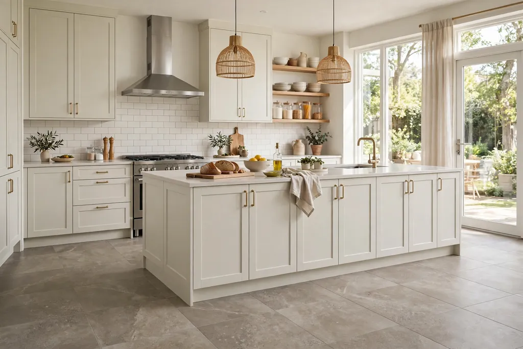 Kitchen with large-format stone-look porcelain floor tiles and pale cabinets.