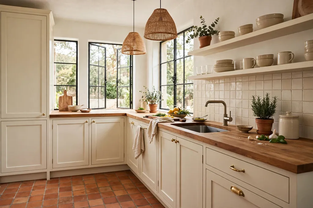 Kitchen with a warm terracotta tile floor, cream cabinets, and a wood counter.