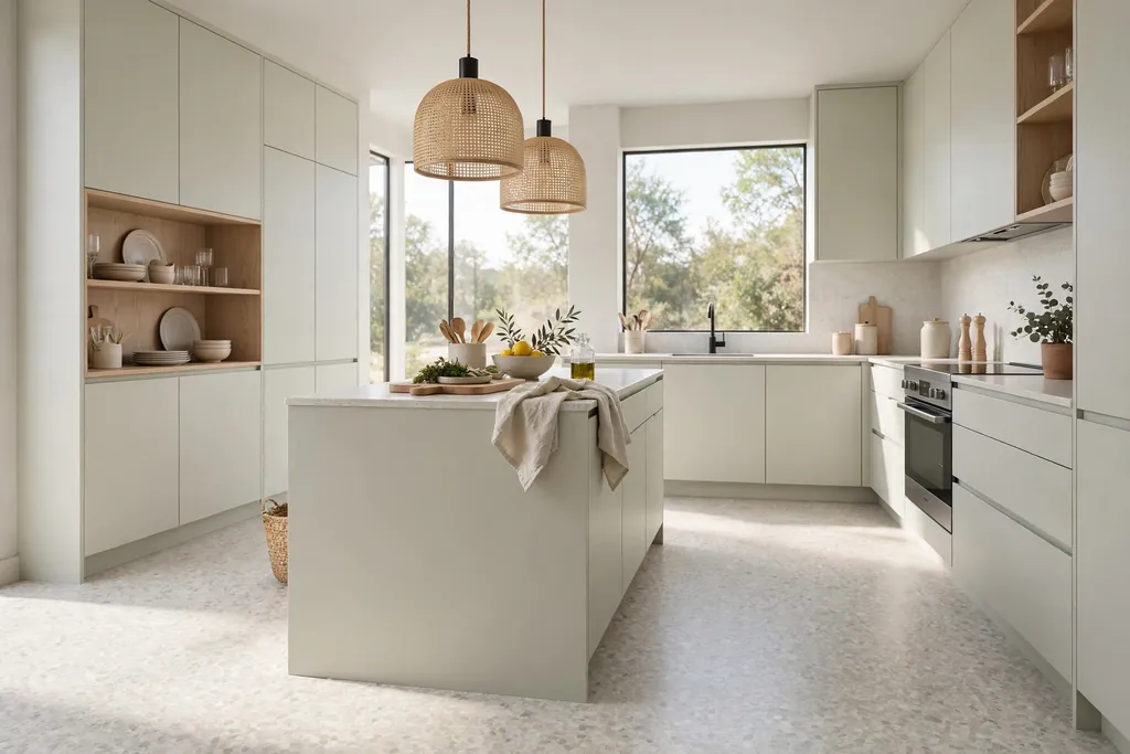 Kitchen with a speckled terrazzo floor and pale modern cabinets.