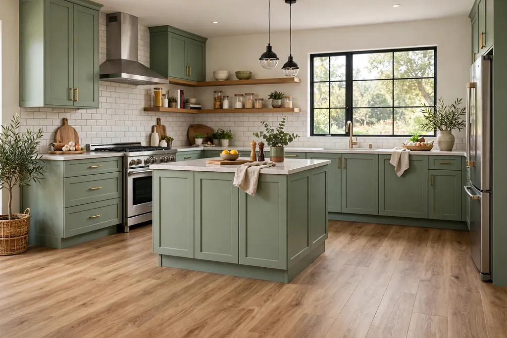 Kitchen with wood-look luxury vinyl plank flooring and sage cabinets.