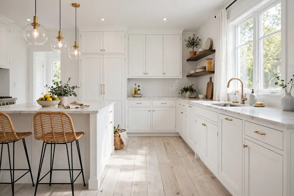 Bright kitchen with pale whitewashed wide plank flooring and white cabinets.