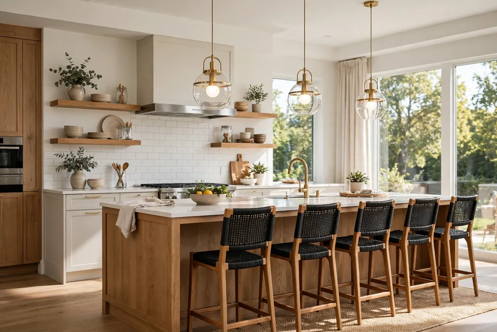 Kitchen island breakfast bar with pendant lights in a row over the seating side.
