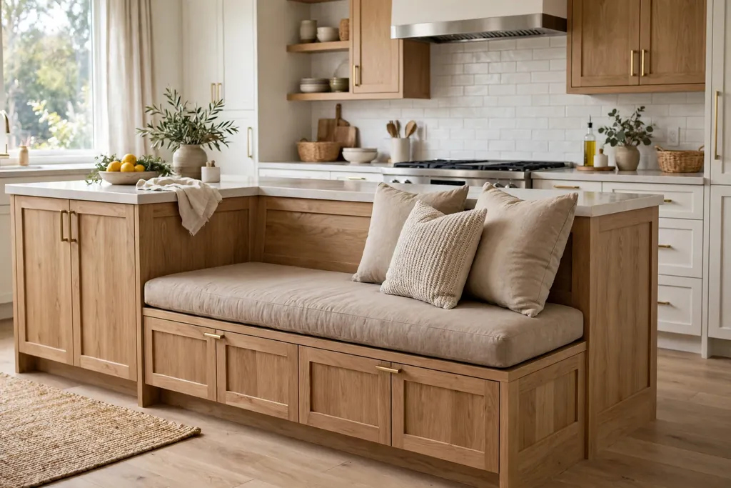 Kitchen island with a built in bench seat, cushion, and storage below along one side.