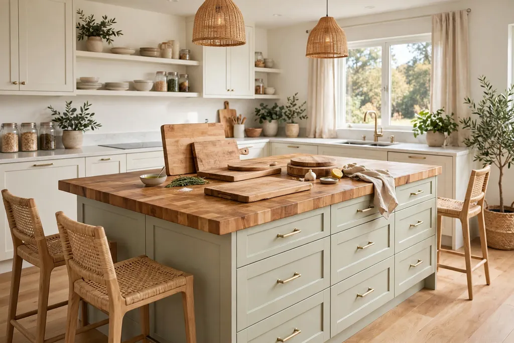 Rectangular kitchen island with a butcher block top, drawers, and chopping boards in a bright kitchen.