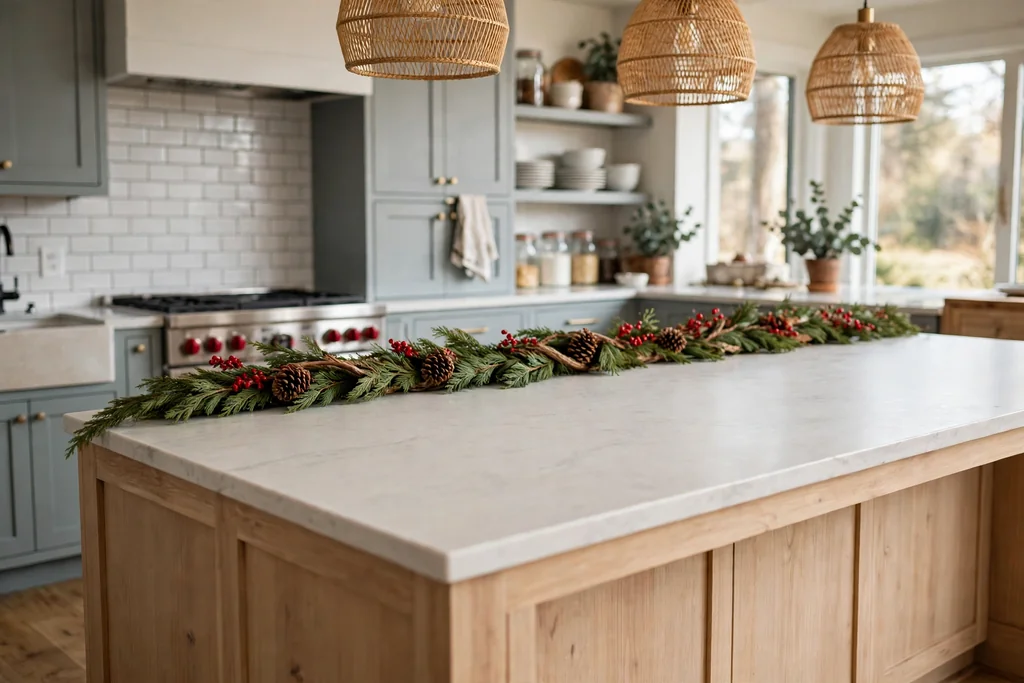 Kitchen island with a low cedar garland along the back edge and clear prep space in front.