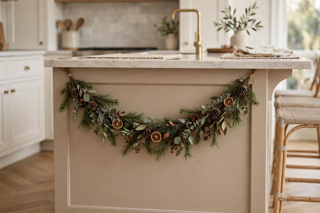 Short pine garland draped on the front panel of a kitchen island below the counter edge.
