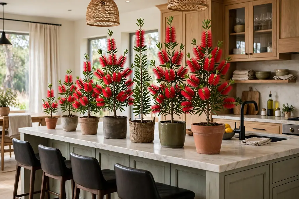 Row of bottle brush trees in different heights along the back edge of a kitchen island.