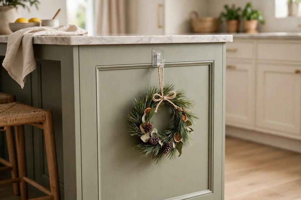 Small pine wreath hung on the end panel of a kitchen island.