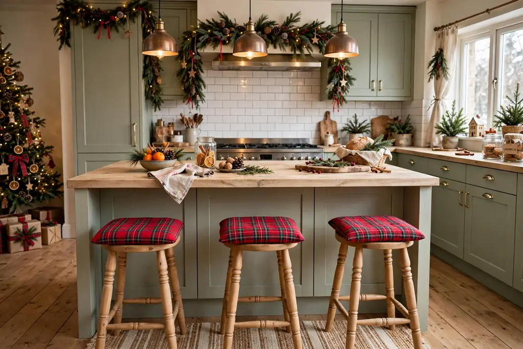 Island stools with red plaid seat pads in a Christmas kitchen.