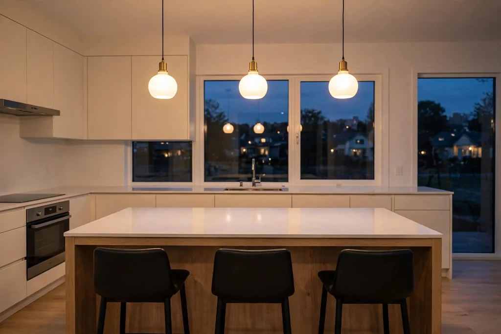 Kitchen island under warm white pendant lights in the evening, counter clear.