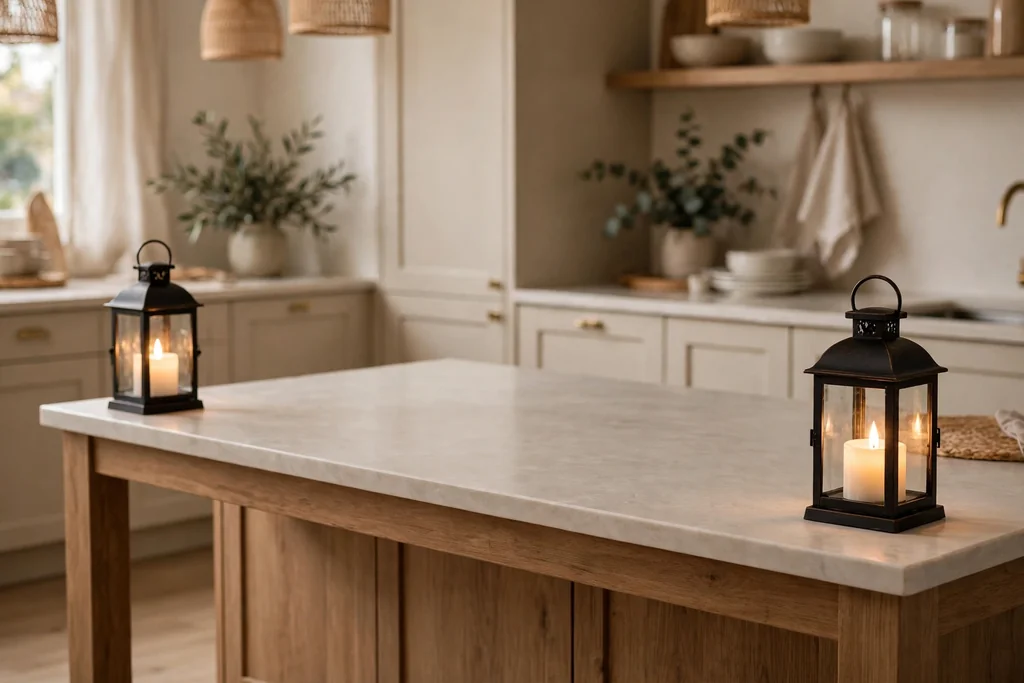 Small lanterns with battery candles at each end of a kitchen island, middle clear.