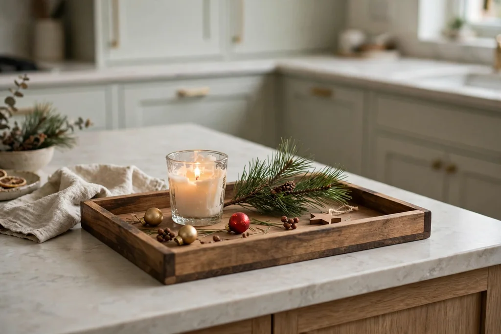 Wood tray on a kitchen island holding a candle holder, pine sprig, and small ornaments.