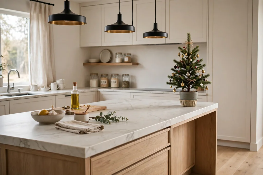 Small potted pine tree with tiny ornaments at the far end of a kitchen island.