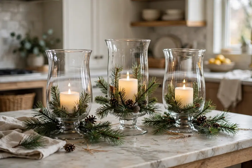Battery candles in glass hurricane holders with pine sprigs on a kitchen island.