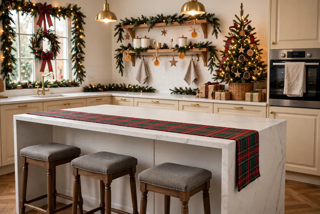 Kitchen island seating side with a plaid runner and stools, work side clear.