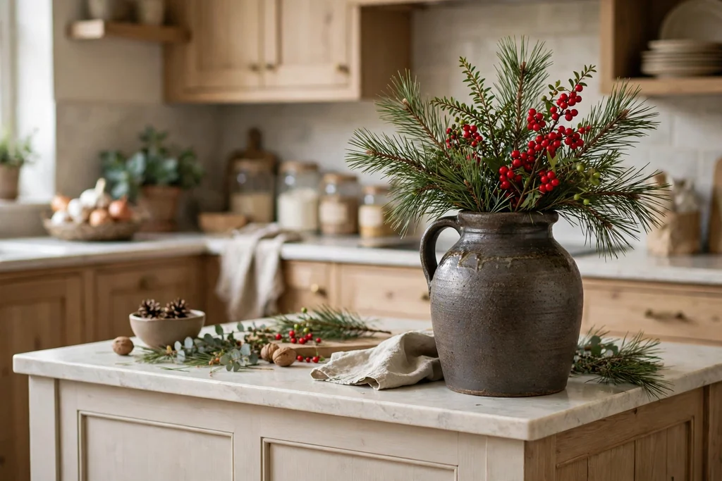 Heavy stoneware jug with pine sprigs and red berry picks at the end of a kitchen island.