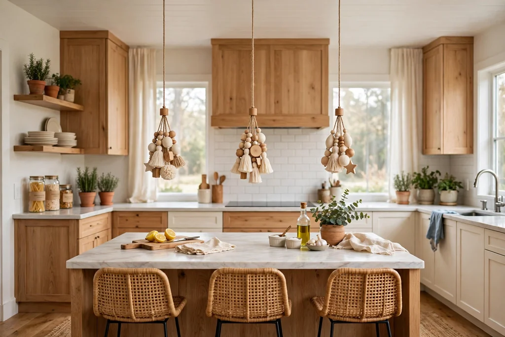 Small wood and cream ornaments hung from pendant cords above a kitchen island.