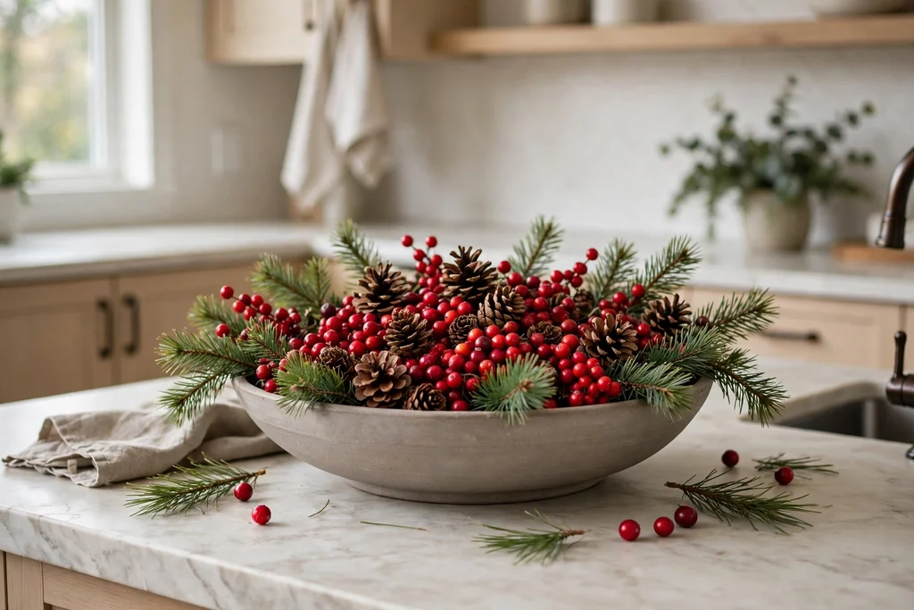 Low wide bowl of red berries, pinecones, and pine sprigs on a kitchen island.