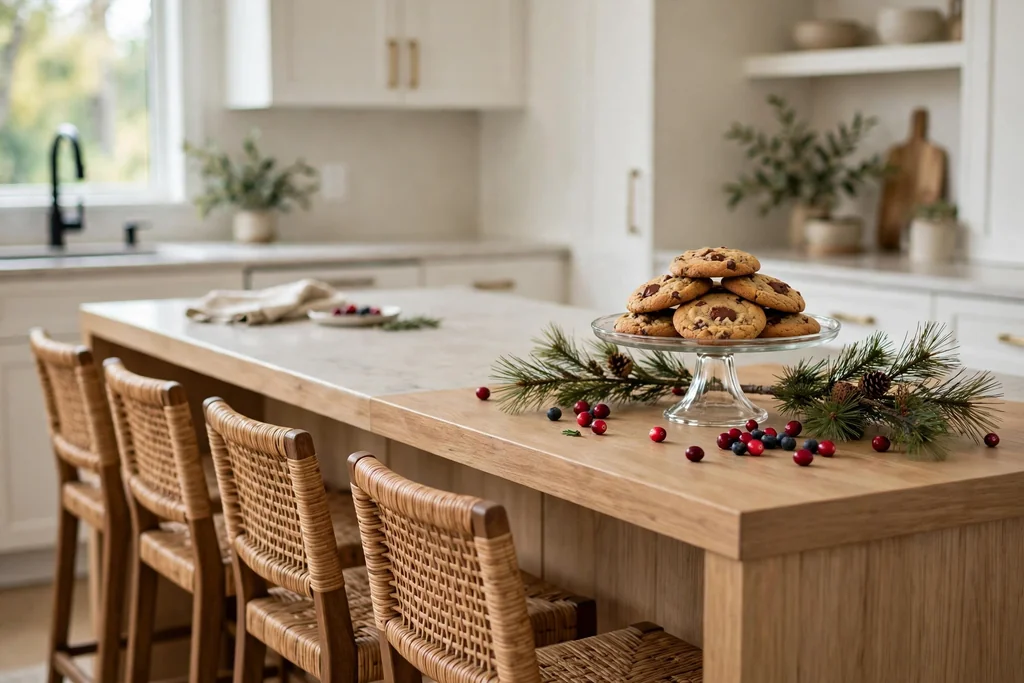 Cake stand with cookies, pine sprig, and berries at the seating end of a kitchen island.