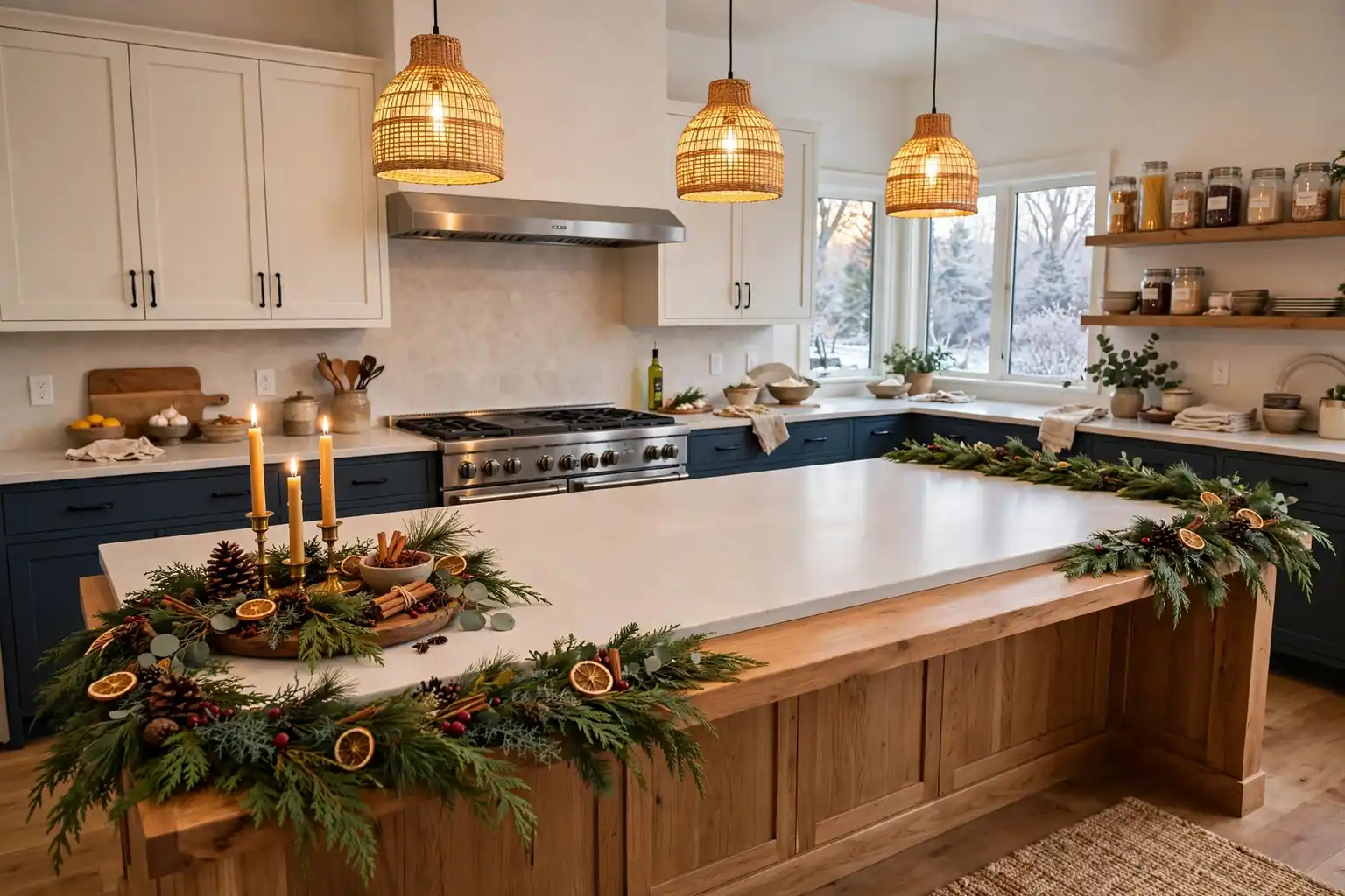 Kitchen island decorated for Christmas with a low cedar garland, a tray vignette, and warm pendant light, with the middle clear for cooking.
