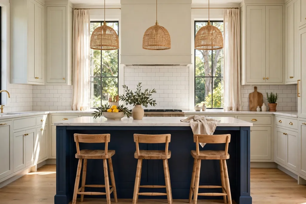 Kitchen island painted deep navy with pale cabinets around it and wood stools.