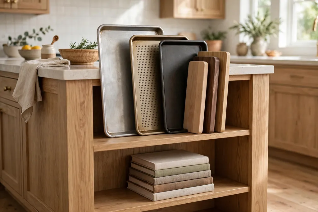 Kitchen island end shelf with upright baking trays, cutting boards, and cookbooks.