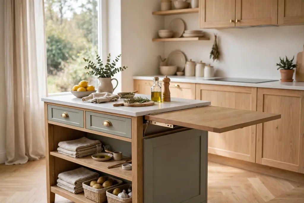 Small kitchen island with a drop leaf folded up to add extra work surface.