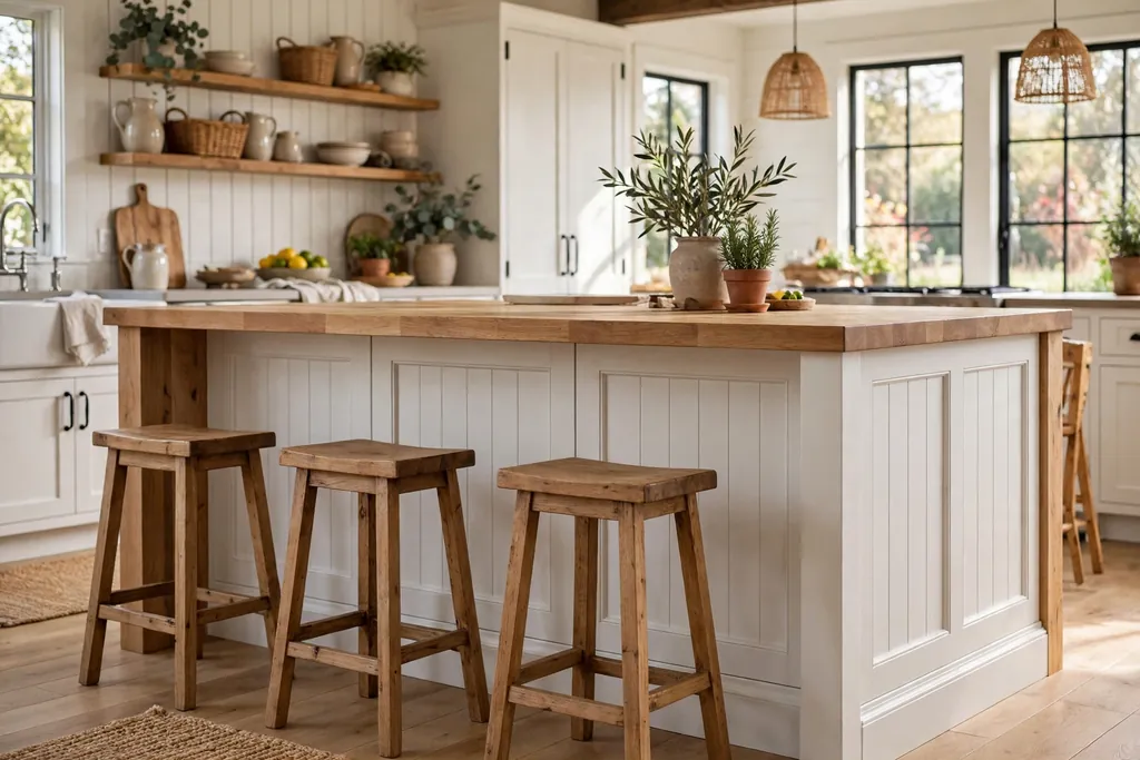 Farmhouse kitchen island with panelled sides, a wood top, and wood stools.