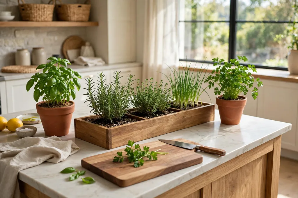 Kitchen island with a herb planter tray, potted basil and parsley, and a cutting board.