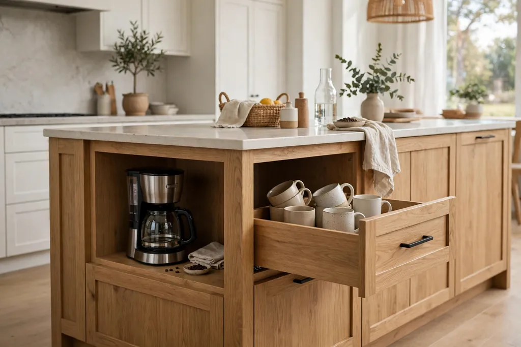 Kitchen island with a hidden appliance nook holding a coffee maker and mugs in a drawer beside it.