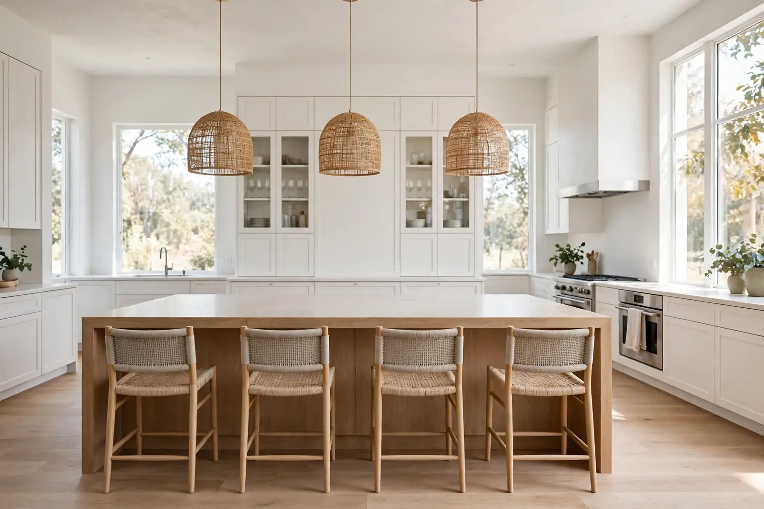 Wide bright kitchen with a large island, seating stools, pendant lights, and a clear work surface.