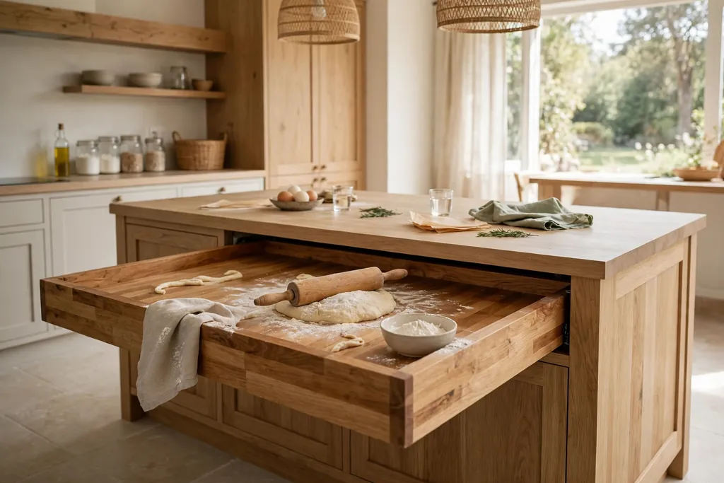 Kitchen island with a lowered baking section in wood, a rolling pin, and dough on the surface.