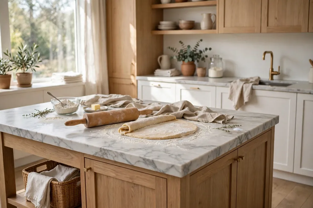 Kitchen island with a marble top, rolling pin, and pastry dough ready for baking.
