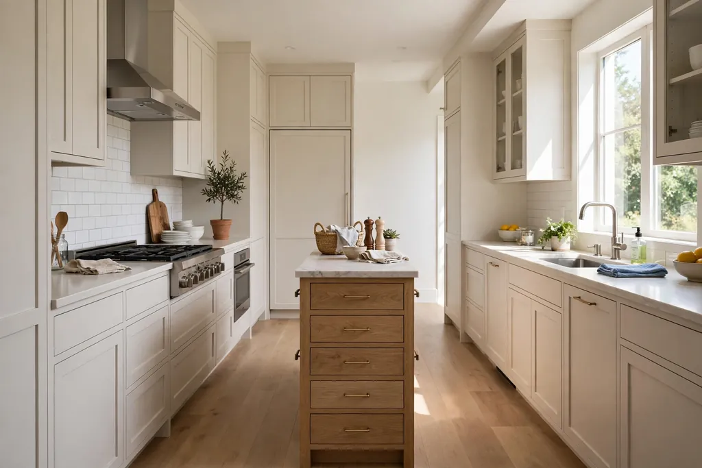 Narrow kitchen island with drawers in a galley kitchen with clear walkways on both sides.