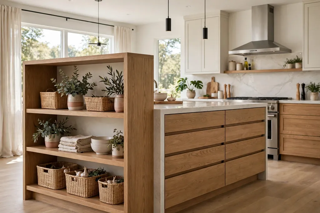 Kitchen island with open shelves on one side and closed drawers on the cook side.
