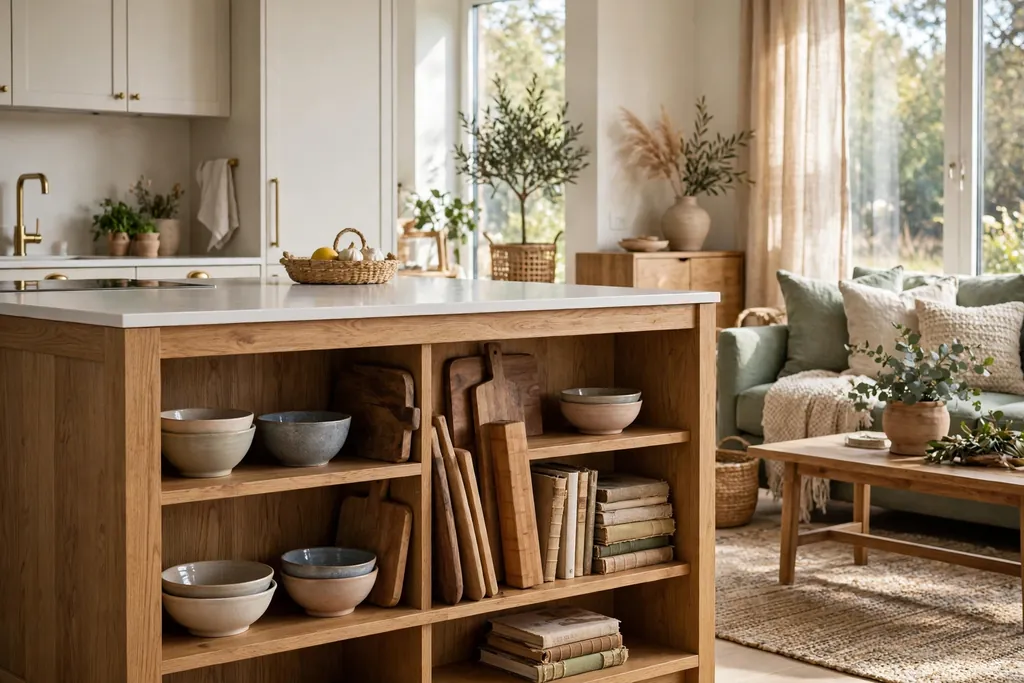 Kitchen island with open shelves holding bowls, boards, and cookbooks on the living room side.